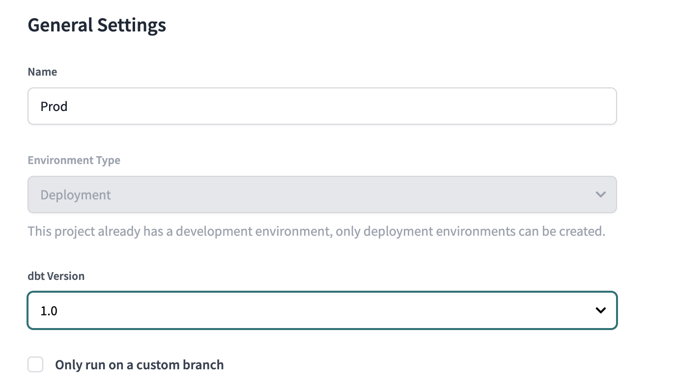 Settings of a dbt Cloud environment